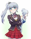  blue_eyes can't_be_this_cute commentary earrings hair_bun iesupa jacket jewelry multiple_girls ore_no_imouto_ga_konna_ni_kawaii_wake_ga_nai red_skirt rwby school_uniform siblings sisters skirt weiss_schnee white_hair winter_schnee 