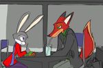  2016 anthro canine cheek_tuft clothed clothing disney duo eating eye_contact female food fox judy_hopps lagomorph male mammal nick_wilde rabbit scarf sitting straw table thephantombeyond tuft water zootopia 