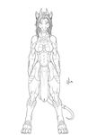  2014 4_toes abs anthro aurancreations breasts clothed clothing dragon ear_piercing feline female hair horn hybrid line_art looking_at_viewer mammal muscular panther piercing safira simple_background standing toes white_background wide_hips 