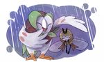  ambiguous_gender artsy-theo blue_background border bow_tie brown_feathers dartrix duo eyes_closed feathers green_feathers leaf_clothing nintendo open_mouth open_smile pok&eacute;mon raining ribombee scarf signature simple_background smile video_games white_body white_border white_feathers yellow_body 