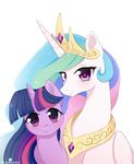  2016 duo equine eyelashes female feral friendship_is_magic hair hi_res horn long_hair looking_at_viewer mammal momomistress multicolored_hair my_little_pony portrait princess_celestia_(mlp) purple_eyes simple_background smile twilight_sparkle_(mlp) unicorn white_background winged_unicorn wings 