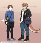 adrian_iliovici anthro canine clothed clothing duo footwear looking_at_viewer male mammal milo_stefferson mustelid otter patreon shoes simple_background smile standing tokifuji watermark 