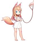  :&lt; animal_ears bare_legs bare_shoulders barefoot blonde_hair blue_eyes blush body_blush brown_hair collar collarbone crossed_arms dog_collar eyebrows eyebrows_visible_through_hair fox_ears fox_girl fox_tail frown full_body hair_between_eyes highres jitome kim_nico leash long_hair no_pants off_shoulder original out_of_frame shirt simple_background solo_focus standing t-shirt tail triangle_mouth white_background 
