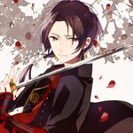  armor blood bloody_weapon brown_hair closed_mouth earrings holding holding_sword holding_weapon japanese_armor jewelry kashuu_kiyomitsu lips long_hair looking_at_viewer male_focus mole mole_under_mouth nail_polish noda_(yncoon) petals ponytail red_eyes red_nails red_scarf scarf solo sword touken_ranbu upper_body weapon 