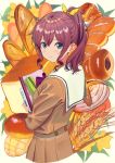  1girl baguette bang_dream! bangs belt blue_eyes blush book bread brown_hair brown_shirt brown_skirt closed_mouth commentary_request croissant cropped_torso eyebrows_visible_through_hair flower food hair_between_eyes hair_ribbon holding holding_book leaf long_hair long_sleeves looking_at_viewer looking_back pencil_case poligon_(046) ponytail ribbon sailor_collar school_uniform shirt sidelocks skirt solo wavy_hair white_sailor_collar yamabuki_saaya yellow_flower yellow_ribbon 