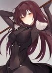  armor arms_up bad_id bad_tumblr_id blush bodysuit breasts closed_mouth covered_navel covered_nipples fate/grand_order fate_(series) grey_background head_tilt holding holding_staff long_hair looking_at_viewer lpip medium_breasts purple_eyes red_eyes scathach_(fate)_(all) scathach_(fate/grand_order) shoulder_pads simple_background sitting skin_tight smile solo staff 