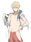  1boy abs arabian_clothes bare_chest blonde_hair circlet cropped_jacket earrings fate/grand_order fate_(series) gilgamesh gilgamesh_(caster)_(fate) hand_on_hip highres hips holding jewelry male_focus nada_(_na_da) navel nipples pants red_eyes side_slit string tattoo toned toned_male 