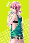  1girl bad_id bad_pixiv_id camouflage camouflage_shorts casual contemporary cowboy_shot eating food food_in_mouth from_behind green_background green_eyes green_shirt hair_between_eyes hair_ornament hairclip haruno_sakura naruto naruto_(series) outline pink_hair ponytail popsicle shirt short_hair short_shorts shorts solo tank_top yuu-414 