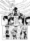  animal_ears bunny_ears chikuma_(kantai_collection) comic destroyer_hime greyscale grin hair_ribbon hairband hand_on_own_stomach hands_on_hips hat hidden_eyes horned_headwear isuzu_(kantai_collection) kaga_(kantai_collection) kantai_collection long_hair magatama midriff monochrome multiple_girls navel neckerchief pleated_skirt ribbon rigging ryuujou_(kantai_collection) school_uniform serafuku shaded_face shimakaze_(kantai_collection) shinkaisei-kan shirt side_ponytail sidelocks skirt sleeveless sleeveless_shirt smile striped striped_legwear thigh_strap thighhighs tone_(kantai_collection) translated twintails visor_cap zepher_(makegumi_club) 