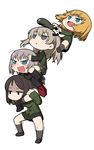  :&lt; :d beret black_hair black_legwear blonde_hair blue_eyes blush carrying chintai_(mansyontintai) falling fang girls_und_panzer grey_hair hairband hands_on_another's_head hat highres human_tower itsumi_erika jacket jitome katyusha kuromorimine_military_uniform long_hair long_sleeves military military_uniform motion_lines multiple_girls nonna open_mouth outstretched_arms pleated_skirt pravda_school_uniform rectangular_mouth selection_university_military_uniform shaded_face shimada_arisu shoes short_hair shoulder_carry silver_hair simple_background skirt smile socks stacking standing sweatdrop tears trembling triangle_mouth two_side_up uniform v-shaped_eyebrows wavy_mouth white_background 