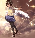  :o above_clouds angel_wings black_legwear blue_neckwear brown_hair cloud cloudy_sky eyebrows eyebrows_visible_through_hair feathered_wings feathers flying grey_eyes highres loafers long_sleeves looking_to_the_side low_wings necktie open_mouth original outstretched_arms pantyhose pleated_skirt school_uniform shirt shoes short_hair skirt skirt_lift sky solo spread_arms tan_(tangent) vest white_shirt wind wind_lift wing_collar wings 