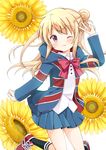  ;3 blonde_hair flower hair_bun hair_ornament hood hooded_jacket hoodie jacket kin-iro_mosaic kujou_karen long_hair one_eye_closed oumi_neneha school_uniform solo sunflower union_jack v x_hair_ornament 