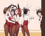  ^_^ animal_ears arm_around_waist ass back bangs bare_shoulders beckoning black_hair blue_eyes blush bob_cut bow bowtie breast_grab breast_press breasts brown_eyes brown_hair brown_legwear bunny_ears bunny_tail bunnysuit cleavage closed_eyes commentary_request covered_navel detached_collar embarrassed eyelashes fake_animal_ears fake_tail fishnet_pantyhose fishnets folded_ponytail freckles girl_sandwich grabbing hair_ornament hairband hairclip half-closed_eyes hatohara_mirai head_tilt heart heart_background hitomi_mako hug hug_from_behind kagami_rin kon_yuka kunichika_yuu leotard long_hair looking_at_another looking_at_viewer medium_breasts multiple_girls nail_polish pantyhose parted_bangs peeking_out red_bow red_hair red_leotard red_nails red_neckwear sandwiched side-tie_leotard small_breasts standing strapless strapless_leotard sweat sweatdrop swept_bangs symmetrical_docking tail takaya world_trigger wrist_cuffs yuri 