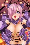  animal_ears bare_shoulders blush breasts dangerous_beast elbow_gloves fang fangs fate/grand_order fate_(series) fur fur-trimmed_gloves fur-trimmed_legwear fur_trim gloves hair_over_one_eye halloween_costume kanki_(kibunhasaikou) large_breasts looking_at_viewer mash_kyrielight navel o-ring o-ring_top open_mouth purple_eyes purple_hair short_hair solo sweat tail thighhighs underwear 