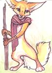  2016 4_fingers 4_toes anthro bandage biped canine fluffy fluffy_tail fox fur looking_away male mammal mostly_nude multicolored_fur purple_eyes scarf simple_background standing stick toes traditional_media_(artwork) two_tone_fur watercolor_(artwork) white_background white_fur yellow_fur zenirix 