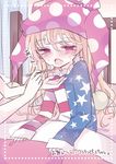  american_flag_shirt bed blanket blonde_hair blush clownpiece fairy_wings fang feeding frilled_shirt_collar frills hat highres jester_cap long_hair long_sleeves multiple_girls nagi_(nagito) open_mouth polka_dot red_eyes sick spoon star star_print sweat touhou translation_request wings 