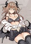  bare_shoulders bat_wings bra breasts brown_eyes brown_hair cleavage demon_horns horns large_breasts long_hair lying on_back saitou_masatsugu skirt solo thighhighs thighs underwear wings 