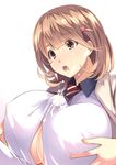  1girl :o breasts brown_eyes brown_hair covered_nipples cum cum_on_clothes facial hair_ornament hairclip hetero highres huge_breasts jijii48 narusawa_ryouka necktie occultic;nine open_mouth paizuri paizuri_under_clothes school_uniform short_hair solo_focus 