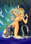  80s bestiality blue_hair breasts chained_wrists cunnilingus derivative_work gold hair_ornament highres konoma_waho licking long_hair monster navel nipple_licking nude oldschool oral pussy reptile saliva very_long_hair water 