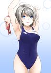  armpits arms_up blue_eyes blue_swimsuit competition_swimsuit covered_navel goggles goggles_removed grey_hair hasui highres looking_up love_live! love_live!_sunshine!! one-piece_swimsuit open_mouth short_hair solo swimsuit watanabe_you 