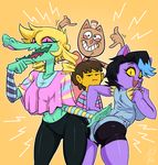  alligator anthro arm_warmers black_hair blonde_hair blue_hair bratty_(undertale) breasts brown_fur brown_hair burgerpants butt camel_toe cat catty_(undertale) clothing crocodilian feline fur green_scales grin group hair hat human leotard lipstick mammal midriff multicolored_hair open_mouth pink_sclera protagonist_(undertale) purple_fur reptile scales scalie shawl shirt smile toony two_tone_hair undertale video_games wolftang yellow_sclera yoga_pants 
