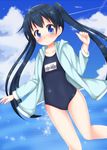  black_hair blue_eyes blush cloud day embarrassed highres hood hooded_jacket hoodie jacket kin-iro_mosaic komichi_aya long_hair minato_(ojitan_gozaru) name_tag one-piece_swimsuit running school_swimsuit solo swimsuit twintails 