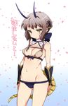  breasts cleavage genderswap genderswap_(mtf) grey_hair highres horns la_pucelle_(mahoiku) mahou_shoujo_ikusei_keikaku mahou_shoujo_ikusei_keikaku_unmarked medium_breasts mudou_eichi petals solo swimsuit tail translation_request yellow_eyes 