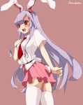  animal_ears bad_id bad_pixiv_id blush breasts bunny_ears bunny_tail carrot hand_on_own_chest koyashaka lavender_hair long_hair medium_breasts necktie open_mouth pleated_skirt purple_hair red_eyes red_neckwear reisen_udongein_inaba round_teeth shirt skirt solo tail teeth thighhighs touhou very_long_hair white_legwear 