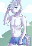  anthro blue_eyes blue_mane blush boxers_(clothing) bulge clothing cloud double_diamond_(mlp) equine erection erection_under_clothes friendship_is_magic fur horse male mammal my_little_pony outside pony rizkitsuneki solo two_tone_mane underwear white_fur white_mane 