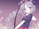  blouse blue_blouse bow_(weapon) braid gradient gradient_background grey_eyes grey_hair hat long_braid long_hair nagi_(nagito) nurse_cap red_skirt simple_background single_braid skirt solo touhou weapon yagokoro_eirin 