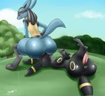  2016 ambiguous_gender anus balls big_butt black_fur blue_fur blush butt canine cloud crouching duo eeveelution english_text eyes_closed facesitting fur girokett looking_at_viewer lucario lying male male/ambiguous mammal nintendo nude on_back penis pok&eacute;mon precum raised_tail red_eyes signature sky smile text tree umbreon video_games yellow_fur 
