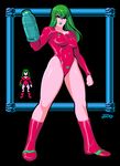 alternate_costume alternate_hair_color arm_cannon boots breasts clenched_hand commentary full_body green_hair green_lipstick highleg highleg_leotard justin_bailey kaigetsudo leotard lipstick long_hair long_legs makeup medium_breasts metroid metroid_(classic) pixelated red_eyes red_leotard samus_aran solo standing thighs weapon 