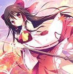  black_hair bow brown_hair detached_sleeves dutch_angle hair_between_eyes hair_bow hair_ornament hakurei_reimu highres holding japanese_clothes lace-trimmed_sleeves long_hair looking_at_viewer miko muku_(apupop) outdoors red_bow red_eyes red_shirt red_skirt shirt skirt smile solo touhou 