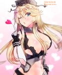  2016 blonde_hair blue_eyes blush breasts cleavage dated elbow_gloves front-tie_top gloves hair_between_eyes hand_on_hip headgear heart hoshiyuki_aruru iowa_(kantai_collection) kantai_collection large_breasts lips long_hair looking_at_viewer navel one_eye_closed sketch solo torn_clothes torn_gloves twitter_username upper_body 
