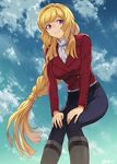 bent_over blonde_hair blue_sky boots braid breasts cloud day denim from_below guchico gundam gundam_tekketsu_no_orphans hands_on_own_knees jeans kudelia_aina_bernstein large_breasts long_hair pants purple_eyes rubber_boots sky smile solo squatting star_(sky) starry_sky very_long_hair 