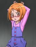  1girl arms_behind_head blush child eyelashes glasses gradient gradient_background open_mouth orange_eyes orange_hair precure restrained shiny shiny_hair shirabe_ako solo tak-u_(sugurusato) 