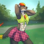  athletic body_hair chest_hair clothing crop_top flamboyant girly hairy junga male mammal muscular mustelid otter outside park public shirt skirt voyeur 