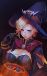  alternate_costume annoyed berg blonde_hair blue_eyes blush breasts candy cleavage condom_wrapper dark_background earrings food hat highres jack-o'-lantern jack-o'-lantern_earrings jewelry large_breasts mercy_(overwatch) overwatch pumpkin sexually_suggestive slime solo suggestive_fluid witch witch_hat witch_mercy 