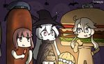  anchorage_hime bat blonde_hair blue_eyes brown_eyes cape commentary dated eating food ghost halloween halloween_costume hamburger hamburger_costume hamu_koutarou hat headgear highres iowa_(kantai_collection) kantai_collection multiple_girls open_mouth sailor_hat sausage shinkaisei-kan short_hair sidelocks star star-shaped_pupils symbol-shaped_pupils white_skin witch witch_hat z3_max_schultz_(kantai_collection) 