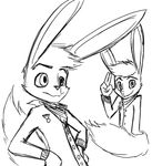  2016 anthro black_and_white clothed clothing disney fox_rabbit hybrid looking_at_viewer monochrome salute scarf simple_background thephantombeyond white_background zootopia 