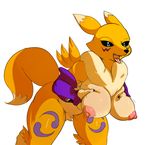  actionbastardvirginblstr blue_eyes breasts digimon fur nipples nude open_mouth renamon simple_background smile solo tongue tongue_out white_background yellow_fur 