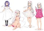  2girls absurdres almiria_bauduin ass barefoot bikini black_legwear blue_eyes bow contrapposto dress eromanga_sensei flat_chest flipped_hair full_body gloves gundam gundam_tekketsu_no_orphans hair_bow highres izumi_sagiri long_hair looking_at_viewer low-tied_long_hair multiple_girls multiple_views ooyari_ashito pajamas parted_lips pink_bikini purple_hair scan shoulder_blades sidelocks silver_hair smile swimsuit white_dress white_gloves 