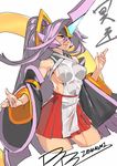  absurdres blazblue blazblue:_central_fiction breasts highres large_breasts lavender_hair long_hair mikado_(blazblue) ponytail red_eyes sideboob skirt solo unizama 