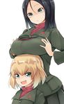  amai_nekuta bangs black_hair black_skirt blonde_hair blue_eyes breast_rest breasts breasts_on_head cellphone closed_mouth fang girls_und_panzer green_jacket highres jacket katyusha large_breasts long_hair long_sleeves looking_at_another looking_at_viewer multiple_girls nonna open_mouth phone pleated_skirt pravda_school_uniform red_shirt school_uniform shirt short_hair simple_background skirt smartphone smile standing sweatdrop swept_bangs tawawa_challenge turtleneck white_background 