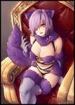  absurdres animal_ears black_border border breasts cat_ears cat_tail cleavage crossed_legs dangerous_beast fate/grand_order fate_(series) hair_over_one_eye halloween_costume highres large_breasts mash_kyrielight navel purple_eyes purple_hair shirt short_hair sitting smile solo striped striped_shirt tail thighhighs throne vertical-striped_shirt vertical_stripes yin-ting_tian 