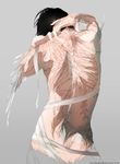  1boy back bandage black_hair feathers from_behind grey_background leaves male_focus original partially_colored re_degrees_(red_flagship) ribs shirtless simple_background snake solo tattoo upper_body web_address 