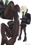  alternate_costume ama_mitsuki ankle_boots bag black_footwear black_legwear black_sweater blonde_hair boots breasts casual commentary cross-laced_footwear crotch_seam dated duplicate feet from_side full_body green_eyes green_scarf hair_ribbon high_heels kantai_collection knees_up lace-up_boots lips long_hair miniskirt multiple_views no_shoes panties panties_under_pantyhose pantyhose parted_lips perspective platform_footwear pleated_skirt polka_dot polka_dot_legwear print_legwear ribbon scarf shirt simple_background sitting skirt small_breasts straight_hair striped striped_sweater sweater thighs underwear yuudachi_(kantai_collection) 