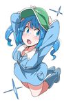  arms_up blue_dress blue_eyes blue_footwear blue_hair blush boots breasts d: dress eyebrows eyebrows_visible_through_hair flat_cap full_body green_hat hair_bobbles hair_ornament hands_on_headwear hat highres jumping kawashiro_nitori looking_at_viewer looking_to_the_side medium_breasts nail_polish open_mouth pocket red_nails simple_background solo sparkle surprised thighs touhou twintails two_side_up white_background wing_collar zk_(zk_gundan) 
