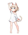  absurdres animal_ears arm_up bangs bare_legs blonde_hair blue_eyes blunt_bangs cat_ears cat_tail chestnut_mouth child collarbone eyebrows eyebrows_visible_through_hair flat_chest fork hair_bobbles hair_ornament highres kim_nico no_pants off_shoulder original oversized_clothes oversized_shirt pigeon-toed shiny shiny_hair shirt short_hair short_twintails simple_background solo spoon t-shirt tail tareme tiptoes twintails white_background 