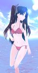  akihikohex bikini black_hair blue_eyes blue_sky breasts cloud day fate/stay_night fate_(series) front-tie_top full_body hair_ornament hair_ribbon highres long_hair looking_away looking_to_the_side medium_breasts midriff navel ocean open_mouth outdoors red_bikini ribbon side-tie_bikini sky solo standing sun sunburst sunlight swimsuit toosaka_rin two_side_up wading water 